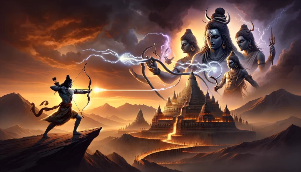 Representation of the battle between Lord Shiva and Tripurasura, Who is also considered as the biggest enemy of Lord Shiva,  showcasing the moment of the destruction of the Tripura cities