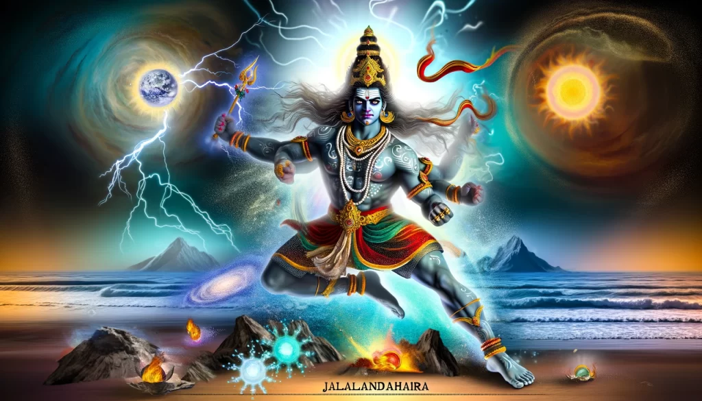 depiction of Jalandhara, the asura born from the energy of Shiva's third eye, showcasing his power and dominion 